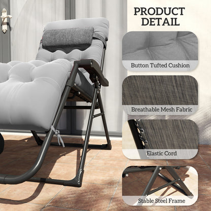Padded Folding Recliner Chair, Patio Lounger with Cupholder, Adjustable Backrest, Removable Cushion, Grey