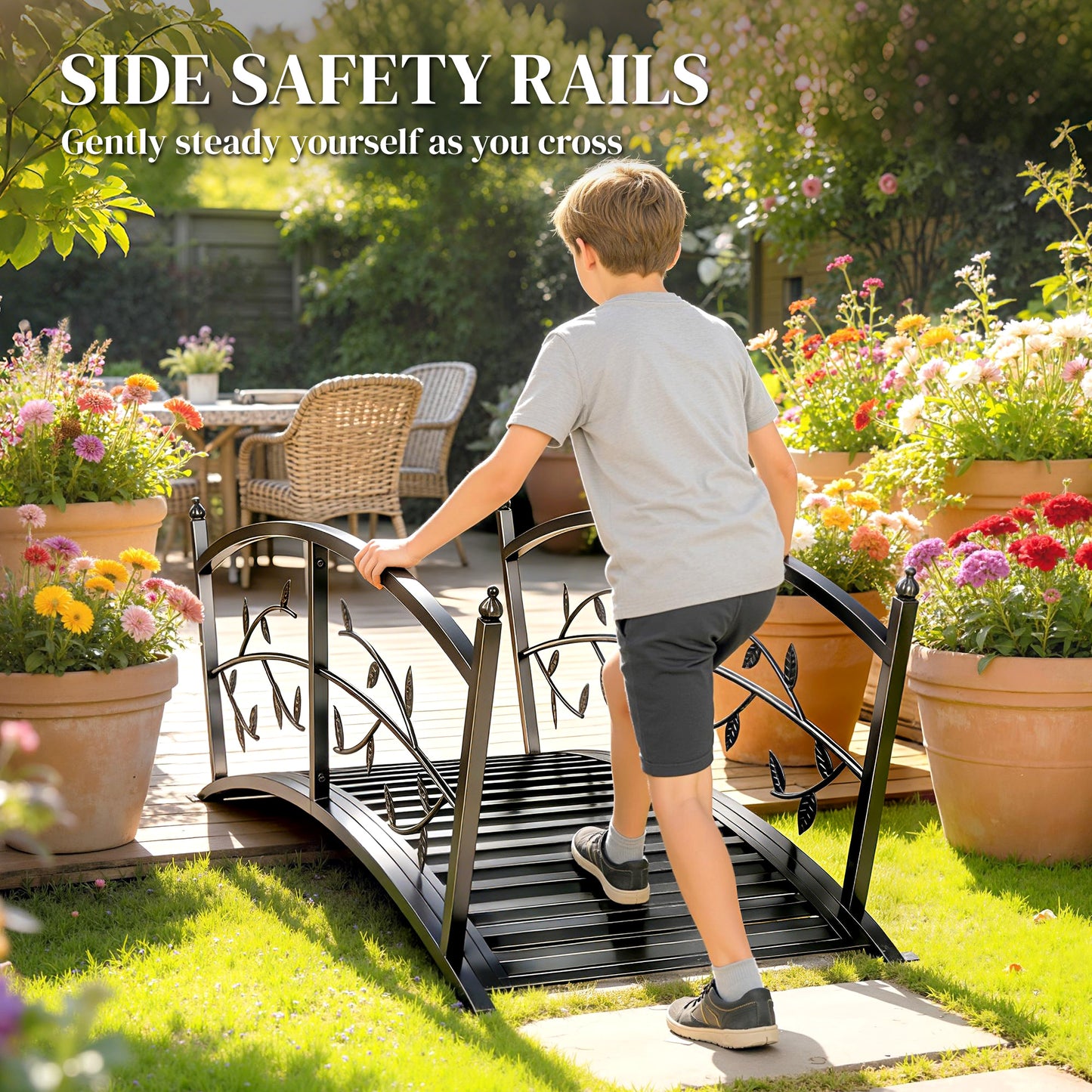 4 FT Metal Garden Bridge with Safety Railings, Outdoor Pond Bridge, Arch Decorative Footbridge for Creek Stream