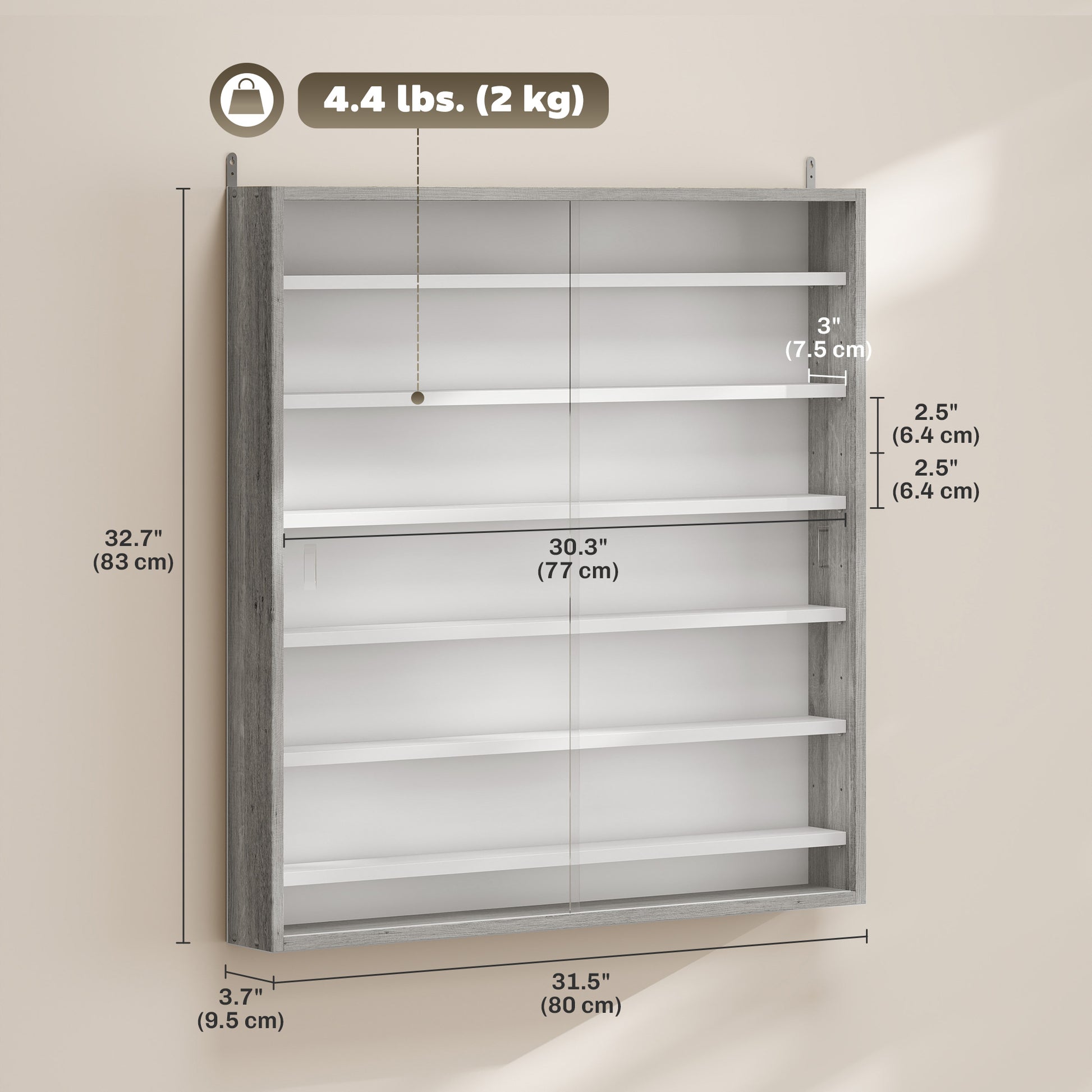 7-Tier Display Cabinet, Shot Glass Display Case, Glass Curio Cabinet with 2 Glass Doors and 6 Adjustable Shelves, Grey