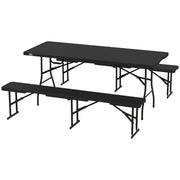 6FT 3PCS Faux Rattan Outdoor Camping Table Bench Set with Carrying Handles, Folding Picnic Table with 2 Benches, Black