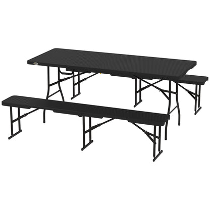 6FT 3PCS Faux Rattan Outdoor Camping Table Bench Set with Carrying Handles, Folding Picnic Table with 2 Benches, Black