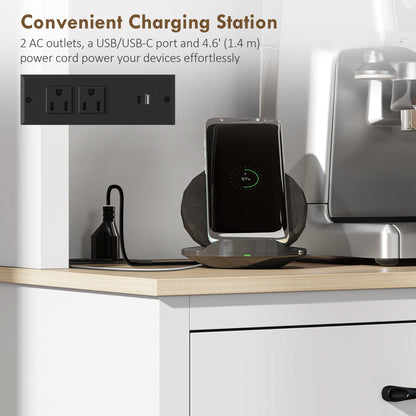 69" Kitchen Pantry Cabinet with Charging Station Kitchen Cabinet with Microwave Stand 7 Gallon Trash Can Cabinet White
