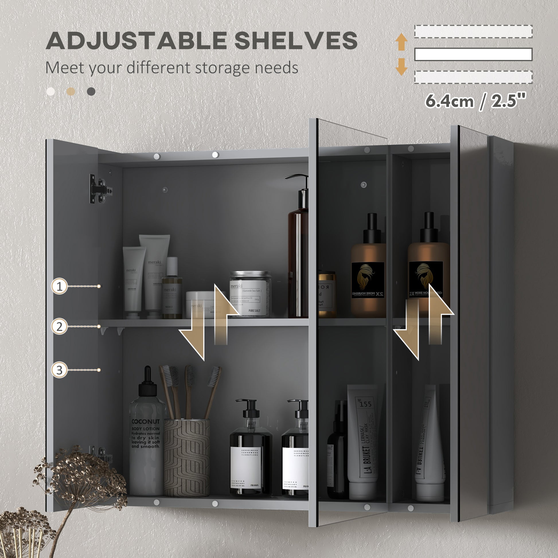 28" x 24" Wall Mounted Mirror Cabinet, Bathroom Medicine Cabinet with Mirror, 3 Doors and Adjustable Shelves, Grey