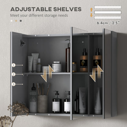 28" x 24" Wall Mounted Mirror Cabinet, Bathroom Medicine Cabinet with Mirror, 3 Doors and Adjustable Shelves, Grey