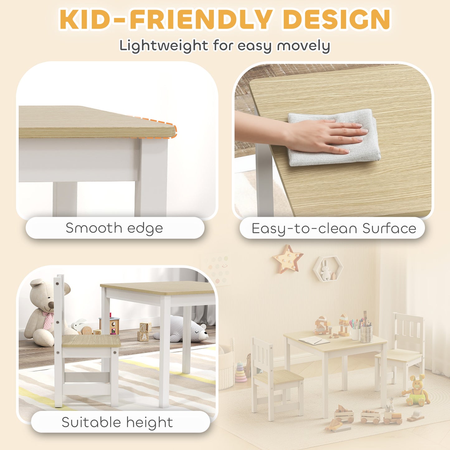 Qaba Kids Table and Chairs Set, Toddler Table and 2 Chair Set for Activity, Art, Craft, Reading, Learning, Natural