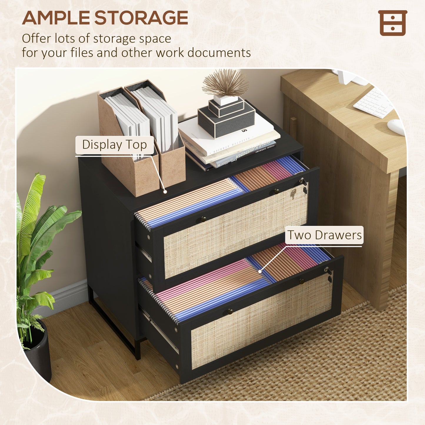 2-Drawer Filing Cabinet with Lock, Rattan File Cabinet with Adjustable Hanging Bar, Black