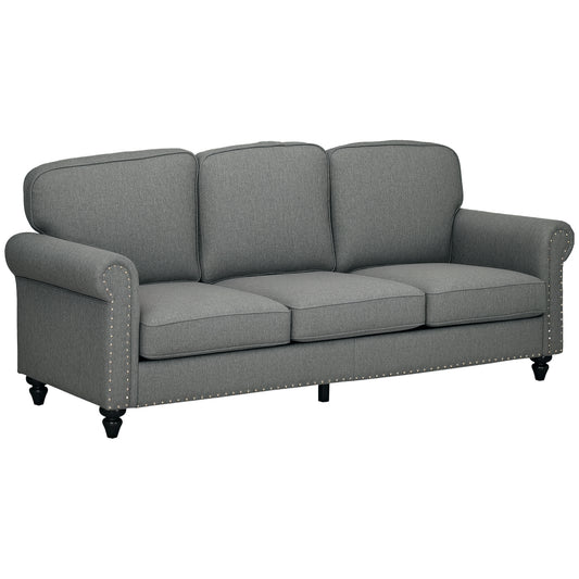 3-Seater Sofa Couch, 81" Modern Upholstered Linen Fabric Sofa with Rubberwood Legs, Nailhead Trim and Rolled Arms for Living Room, Bedroom and Apartment, Grey