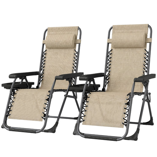 Zero Gravity Chair Set of 2, Folding Reclining Outdoor Lounge Chair with Cup Holder, Headrest, Light Brown