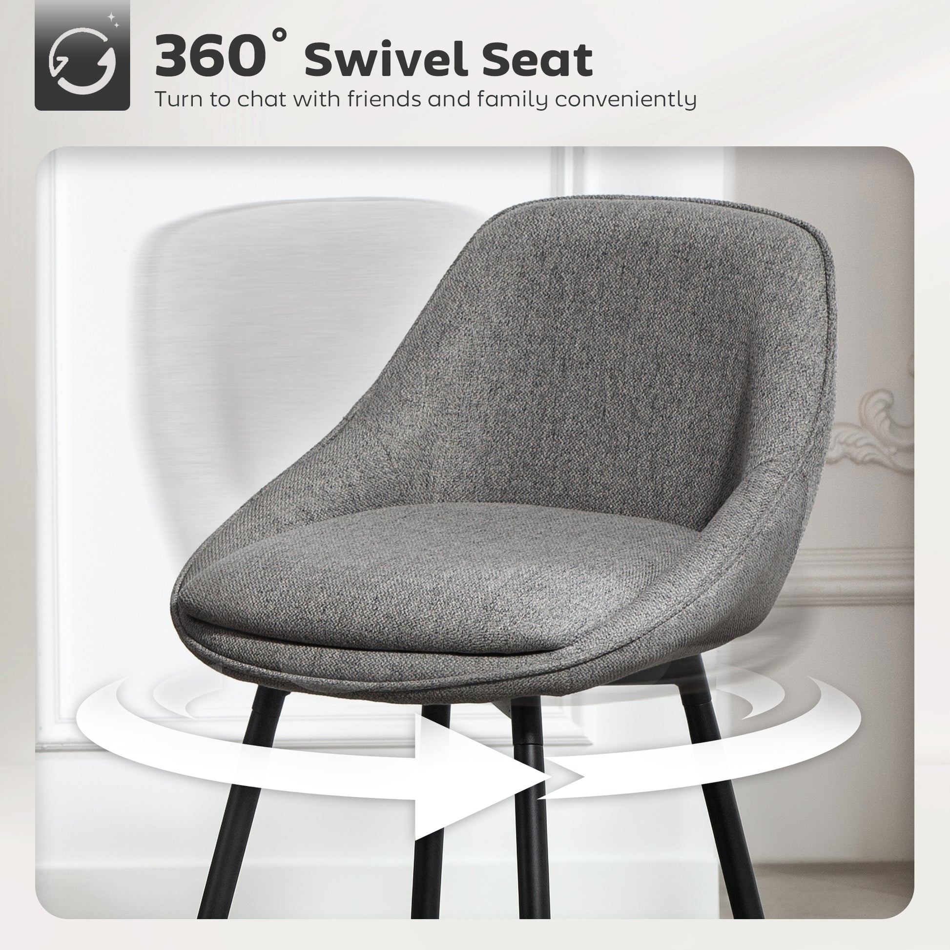 26" Counter Height Barstools Set of 2, Upholstered Swivel Bar Stools with Backrests and Armrests, Dark Grey