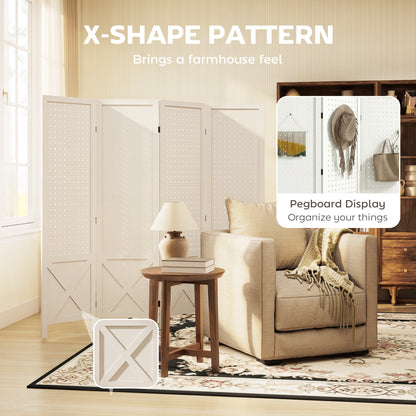 56.9" 4 Panel Wooden Room Divider with Pegboard Display, Folding Privacy Screen for Home Office, White