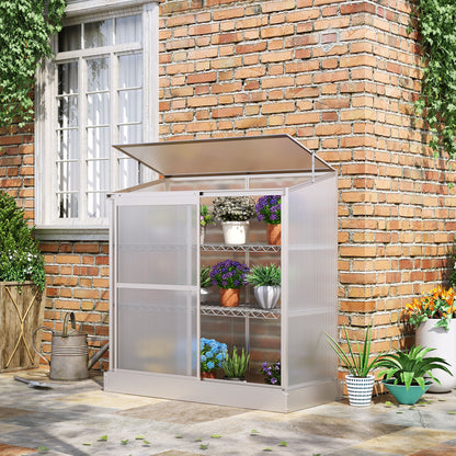 Aluminum Cold Frame Greenhouse, Raised Planter Bed Protection with Openable Top and 2 Shelves for Organized Plant Storage