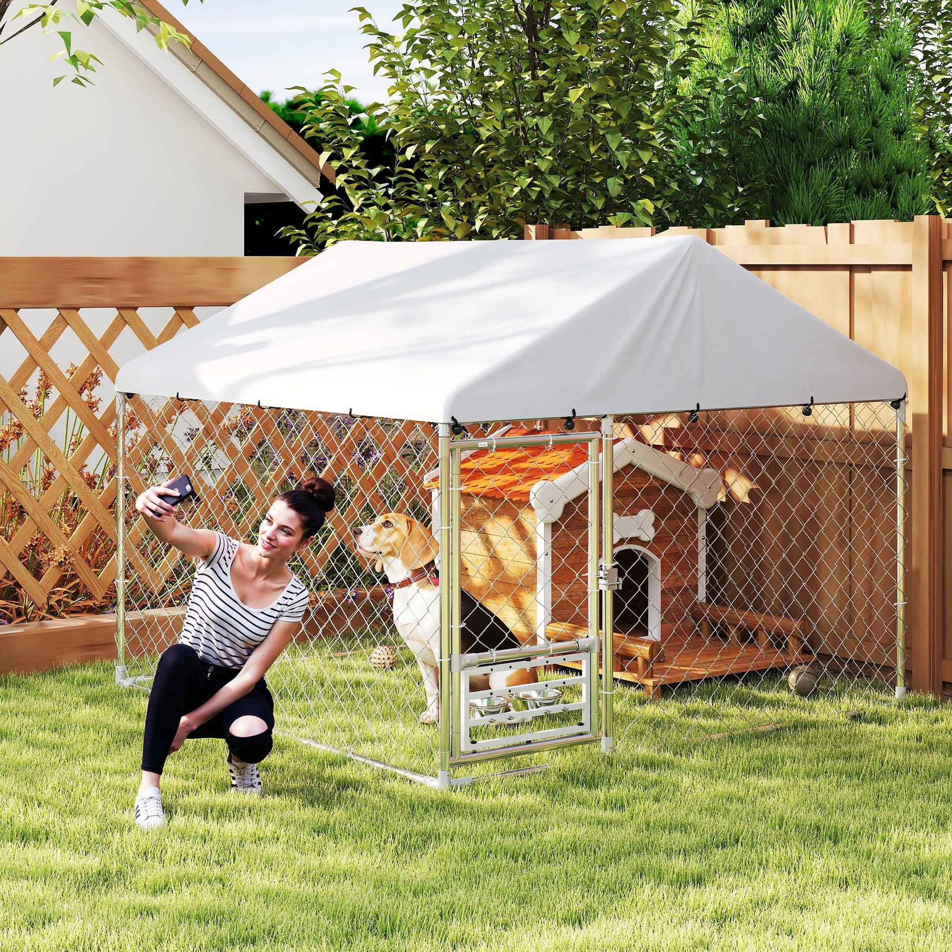 Outdoor Dog Run w/ Adjustable & Rotating Bowls, Water-Resistant UV-Resistant Cover, Secure Lock, 6.6' x 6.6' x 5.1'