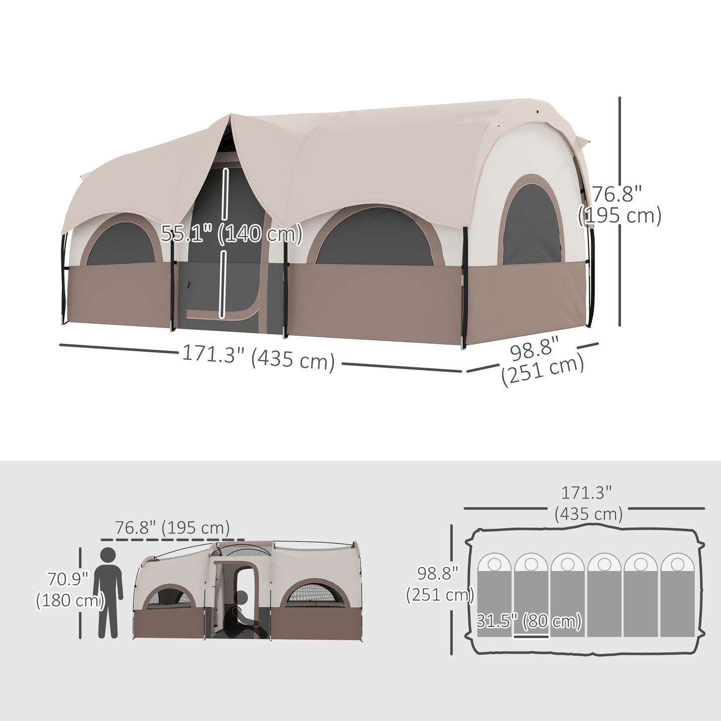 4-6 Person Camping Tent, 3 Room Cabin Tent, 3000mm Waterproof and UPF30+ with Sewn in Groundsheet and Carry Bag, Khaki