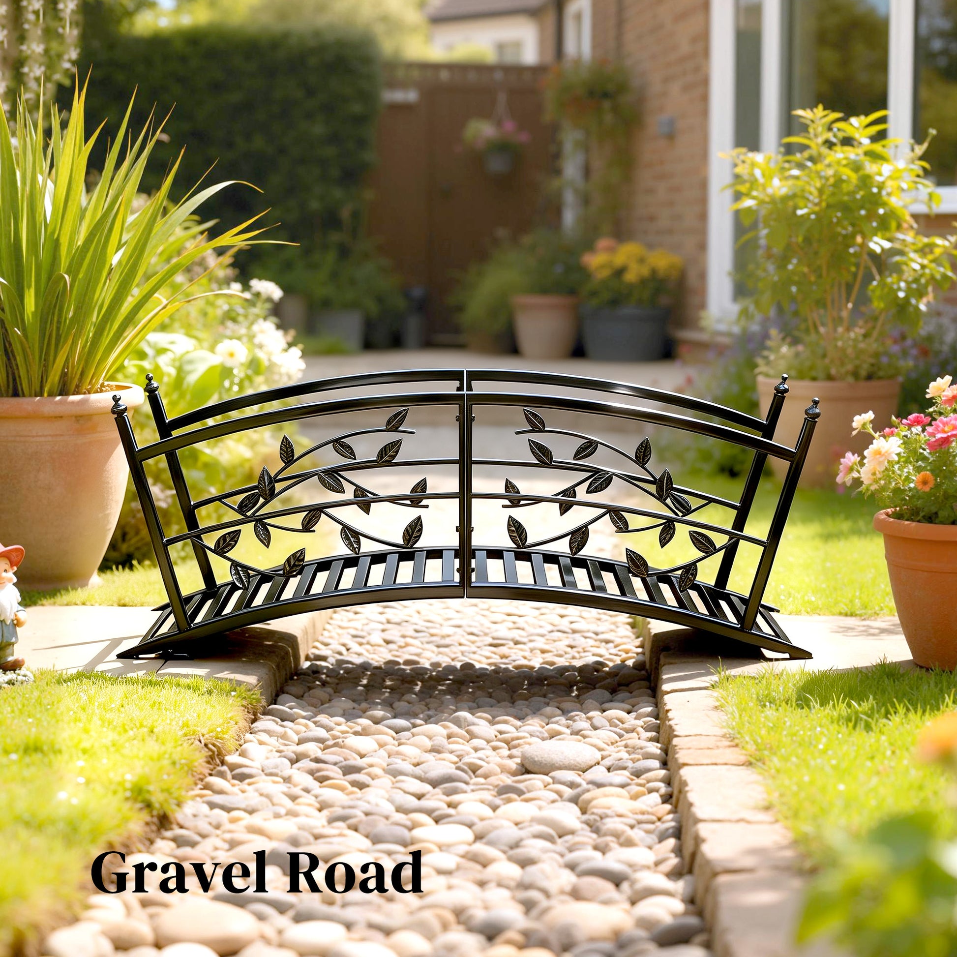 4 FT Metal Garden Bridge with Safety Railings, Outdoor Pond Bridge, Arch Decorative Footbridge for Creek Stream
