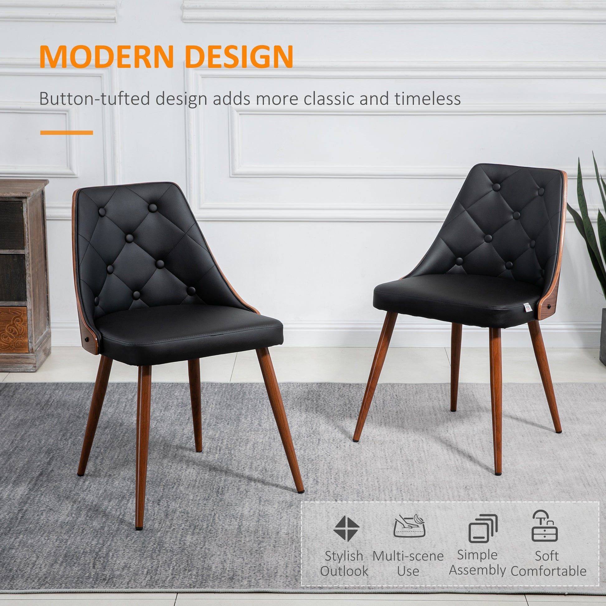 Dining Chairs Set of 2, Tufted Kitchen Chairs, PU Leather Upholstered Seats and Steel Legs for Dining Room, Black