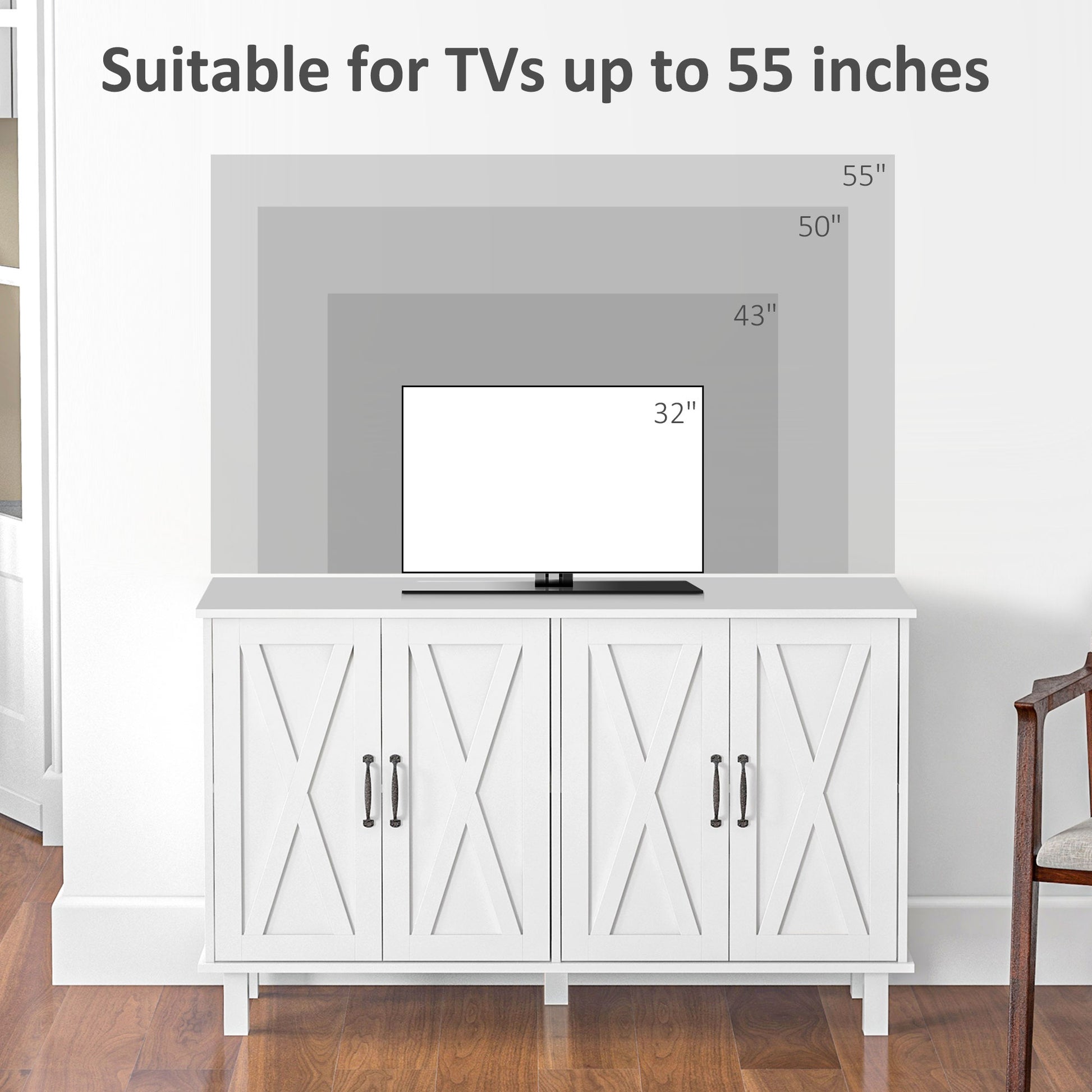 Kitchen Sideboard Cabinet with 4 Barn Doors and 2 Adjustable Shelves, Buffet Table for Living Room, Hallway, White
