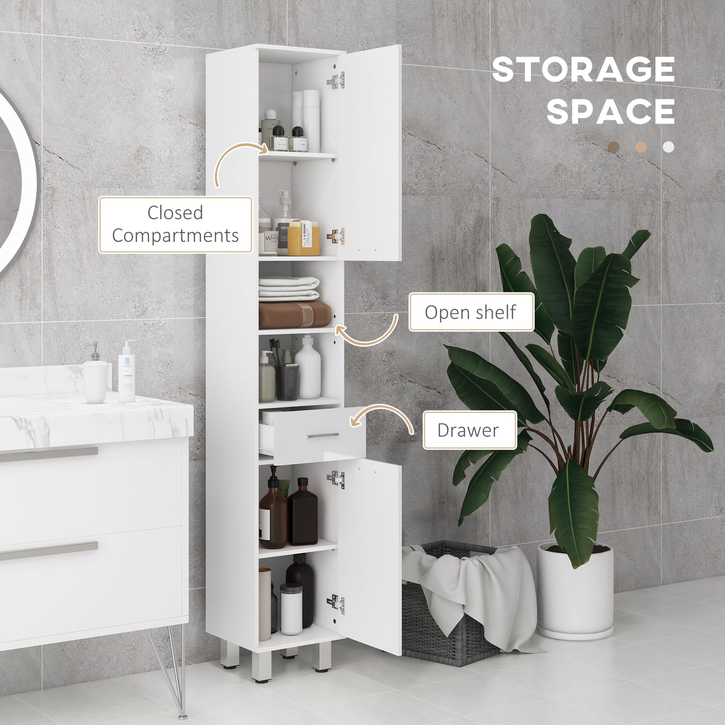 71" Tall Bathroom Storage Cabinet, Narrow Linen Tower with Drawer, Open Shelves, 2 Doors Cabinets and Adjustable Shelves, High Gloss White