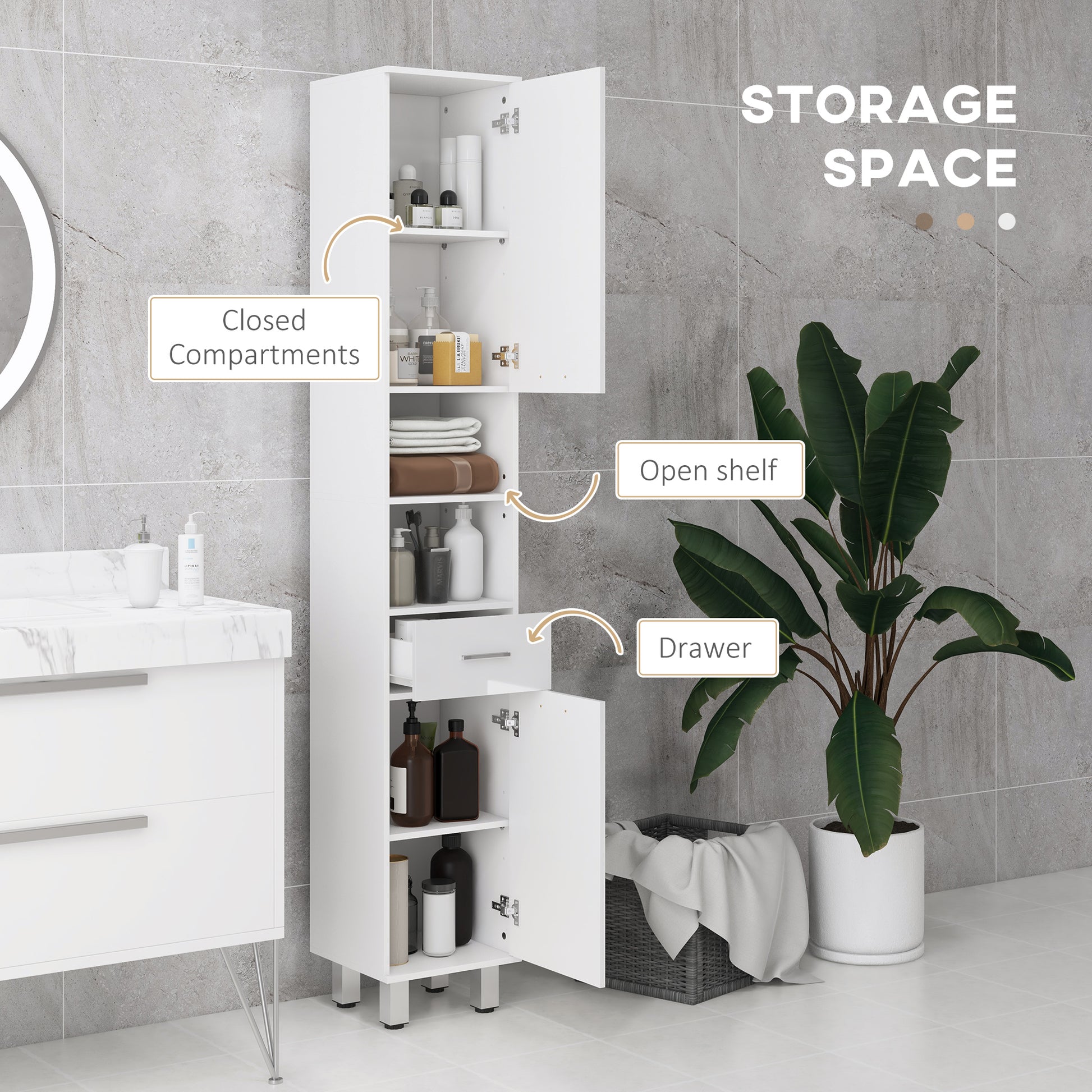 71" Tall Bathroom Storage Cabinet, Narrow Linen Tower with Drawer, Open Shelves, 2 Doors Cabinets and Adjustable Shelves, High Gloss White
