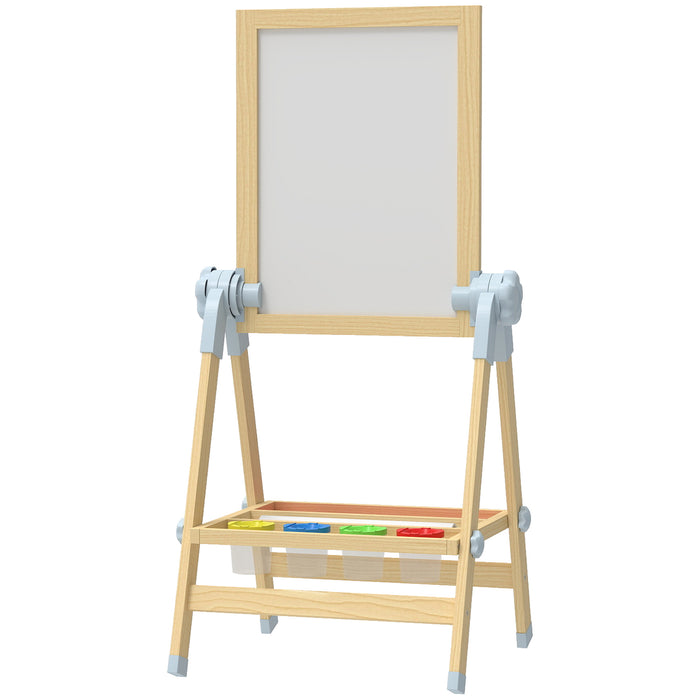 Qaba Wooden Art Easel, Double Sided Kids Easel with Height Adjustable Chalkboard and Magnetic Whiteboard, Natural