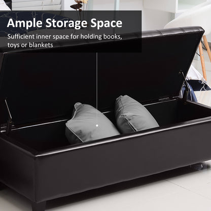 Storage Ottoman Bench, Foot Rest with Solid Wood Legs, 51 Inches PU Leather Storage Chest for Living Room, Brown