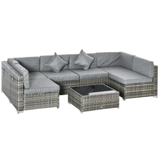 7pc Garden Wicker Sectional Set with Tea Table Patio Rattan Lounge Sofa Outdoor Deck Furniture Light Grey