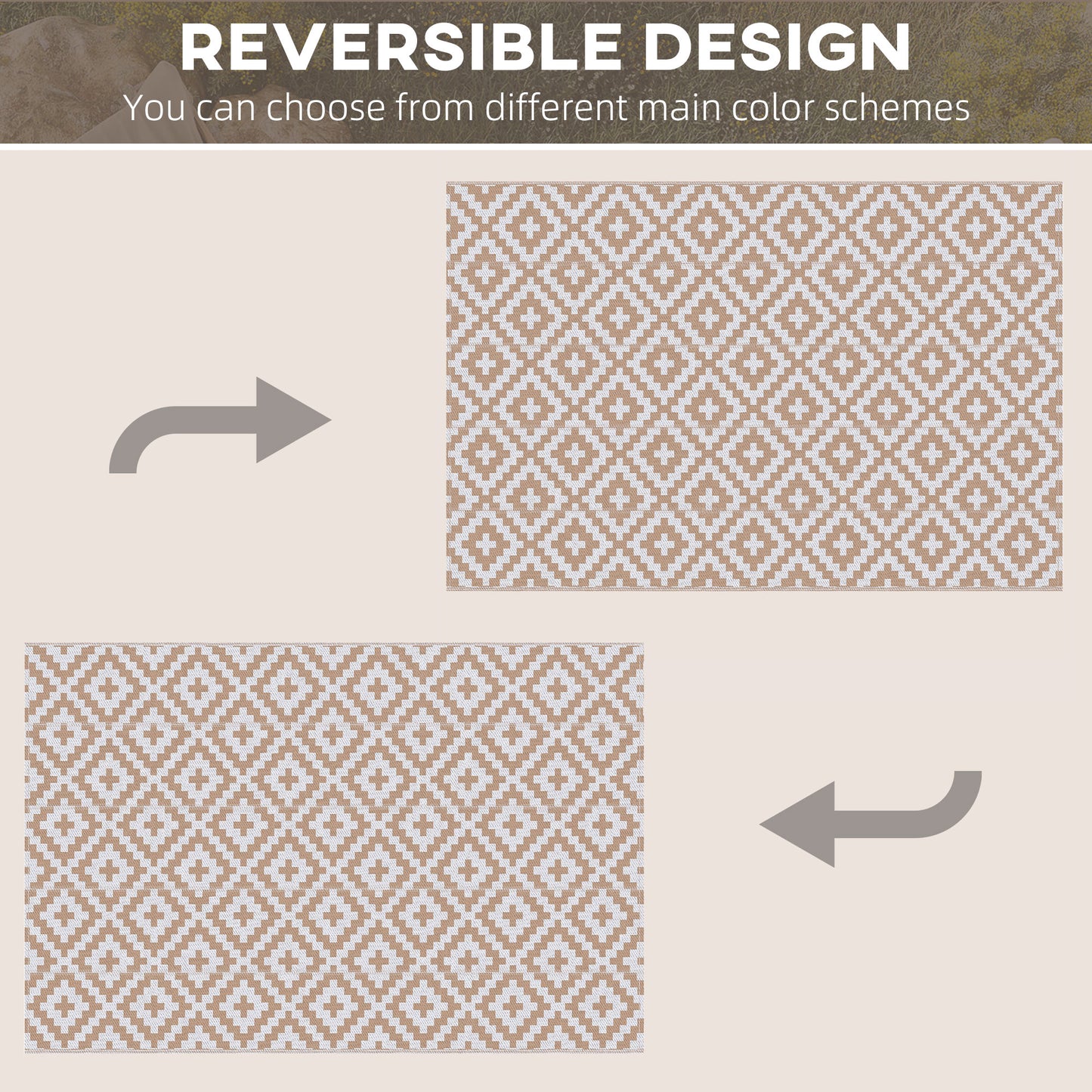 Reversible Outdoor RV Rug, Patio Floor Mat, 6' x 9' Plastic Straw Rug for Backyard, Deck, Beach, Camping, Coffee & White