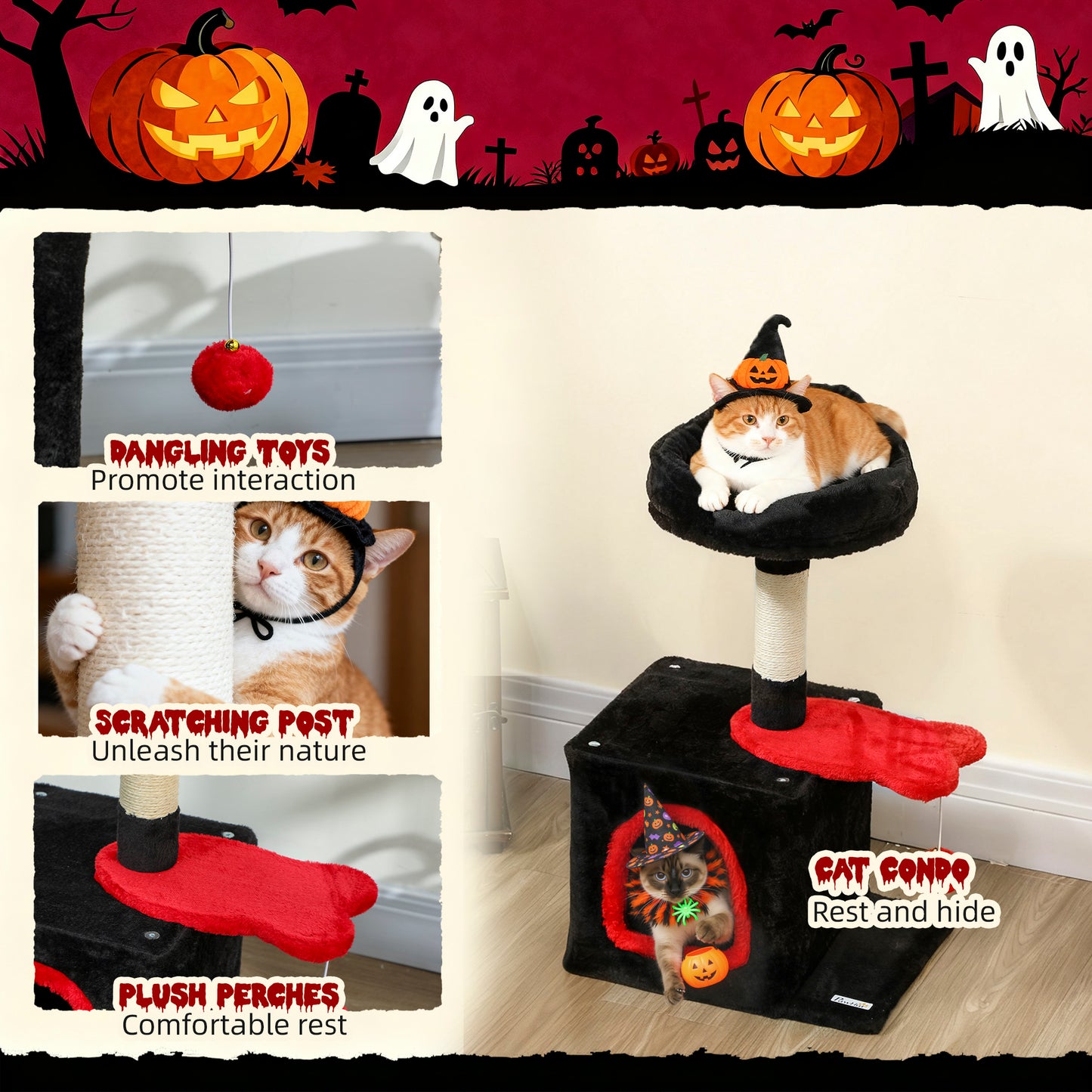 28" Gothic Cat Tree Tower with Plush Top Bed, Cozy Condo, Sisal Scratching Post, Perch, Dangling Ball, Red & Black