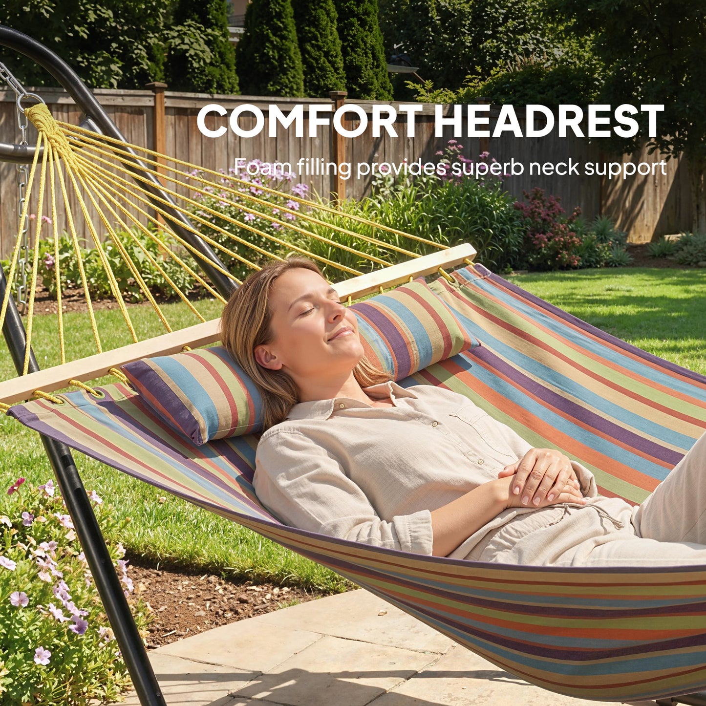 Hammock with Stand, Heavy Duty Camping Hammock with Detachable Pillow and Spreader Bar, 264 lbs Capacity, Multicolor