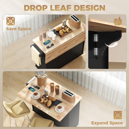 Kitchen Island on Wheels with Wood Drop Leaf, Charging Station, Rolling Kitchen Cart with Adjustable Shelf, Black