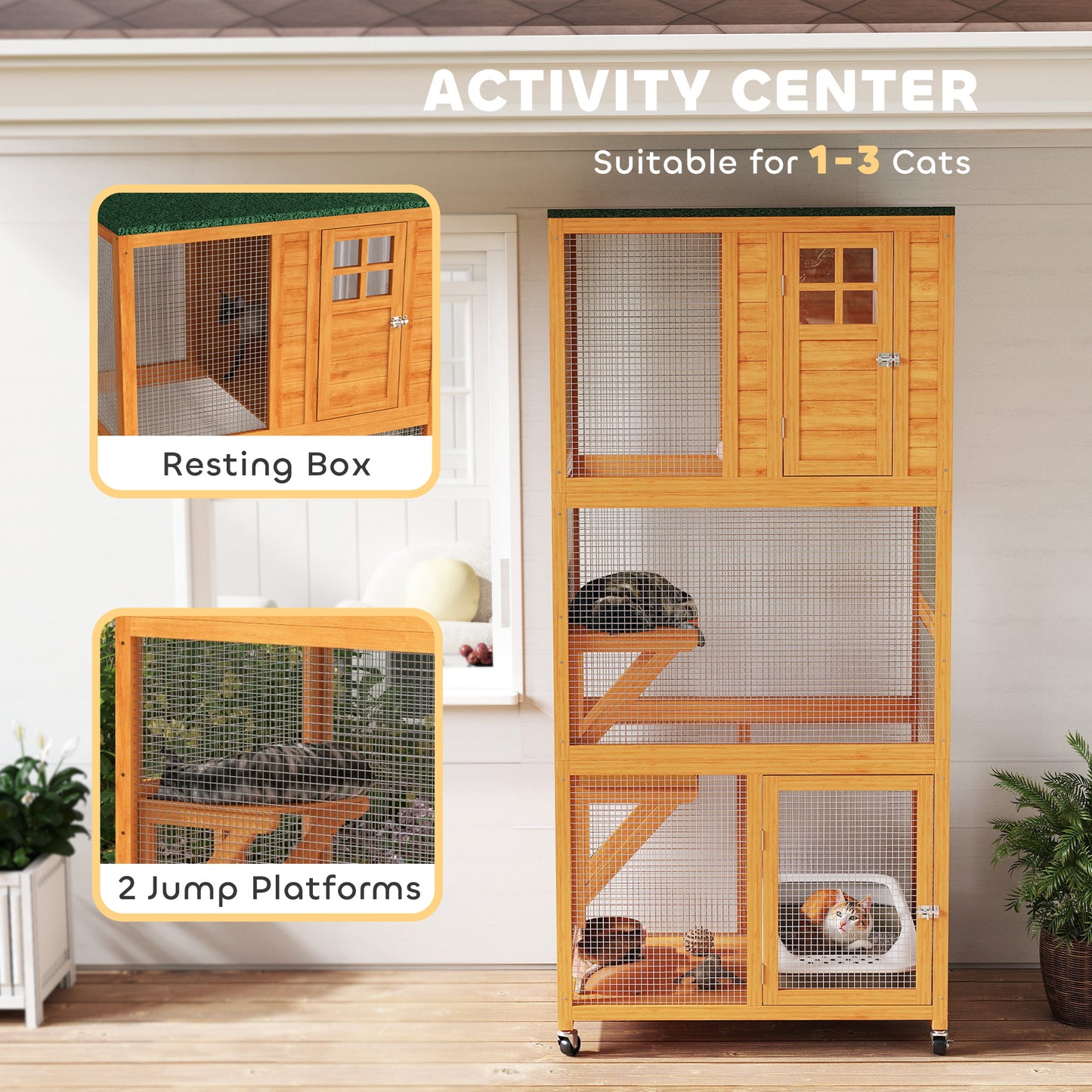 74" Wooden Outdoor Cat House Weatherproof & Wheeled with High Weight Capacity, Kitten Cage Condo, Orange