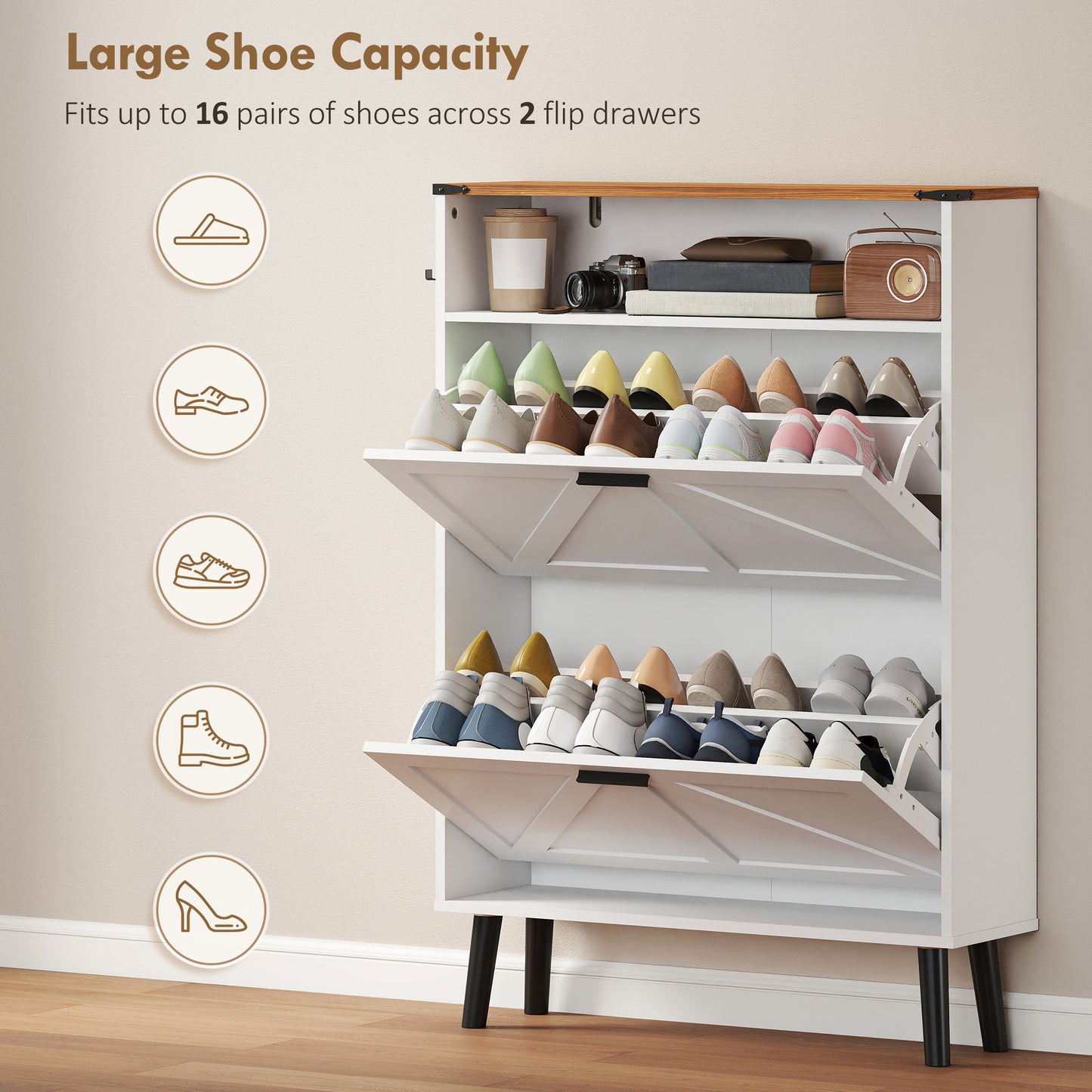 Shoe Storage Cabinet with 2 Flip Drawers, Farmhouse Narrow Shoe Cabinet, Holds Up to 16 Pairs, White