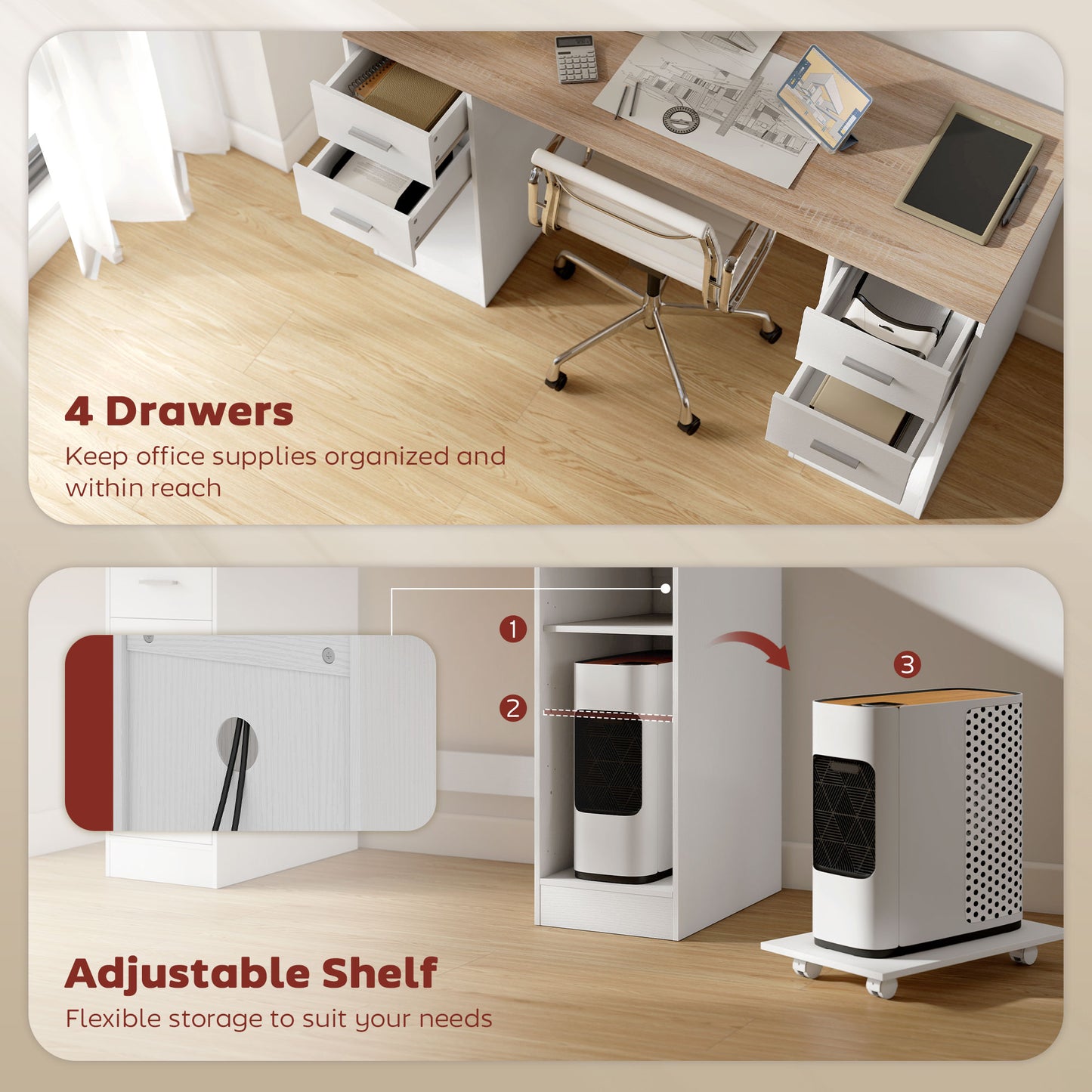 Office Desk, 55" Computer Desk with 4 Reversible Drawers, Mobile PC Stand, Adjustable Shelf, White Wood Grain