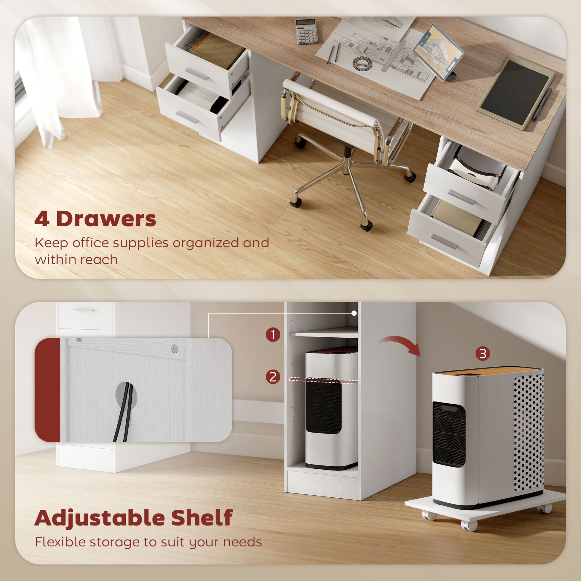 Office Desk, 55" Computer Desk with 4 Reversible Drawers, Mobile PC Stand, Adjustable Shelf, White Wood Grain