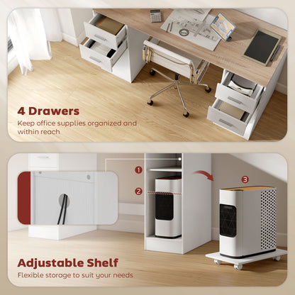 Office Desk, 55" Computer Desk with 4 Reversible Drawers, Mobile PC Stand, Adjustable Shelf, White Wood Grain