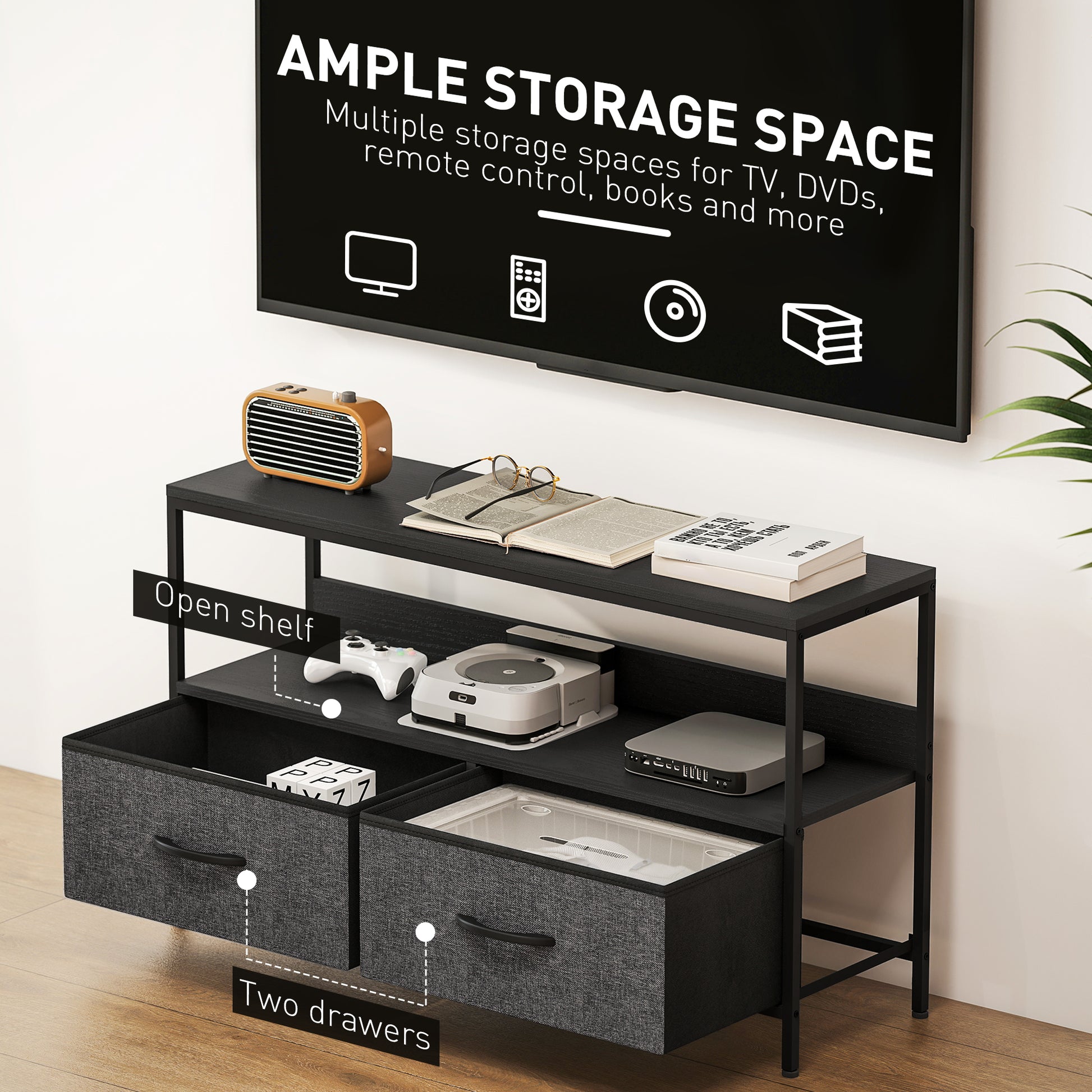 TV Stand with Charging Station, TV Table with 2 Foldable Linen Drawers and Open Shelf for 47 Inch Television, Black
