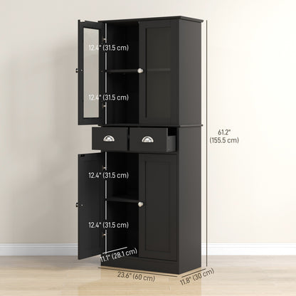 61" Kitchen Pantry Cabinet, Freestanding Farmhouse Buffet Storage Cabinet with Soft Close Glass Doors and Adjustable Shelves, Black