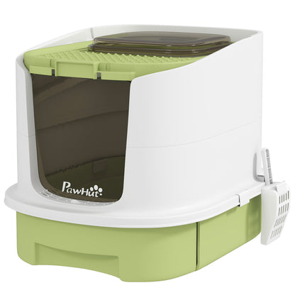 Enclosed Cat Litter Box with Lid, Scoop, Top Entry, Deodorization Bags, Drawer Type Cat Litter Tray, Easy to Clean, Green