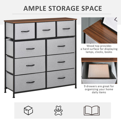 Dresser for Bedroom with 9 Drawers, 4-Tier Fabric Chest of Drawers, Tall Dresser Storage Tower with Steel Frame and Wooden Top for Closets, Nursery Room, Grey