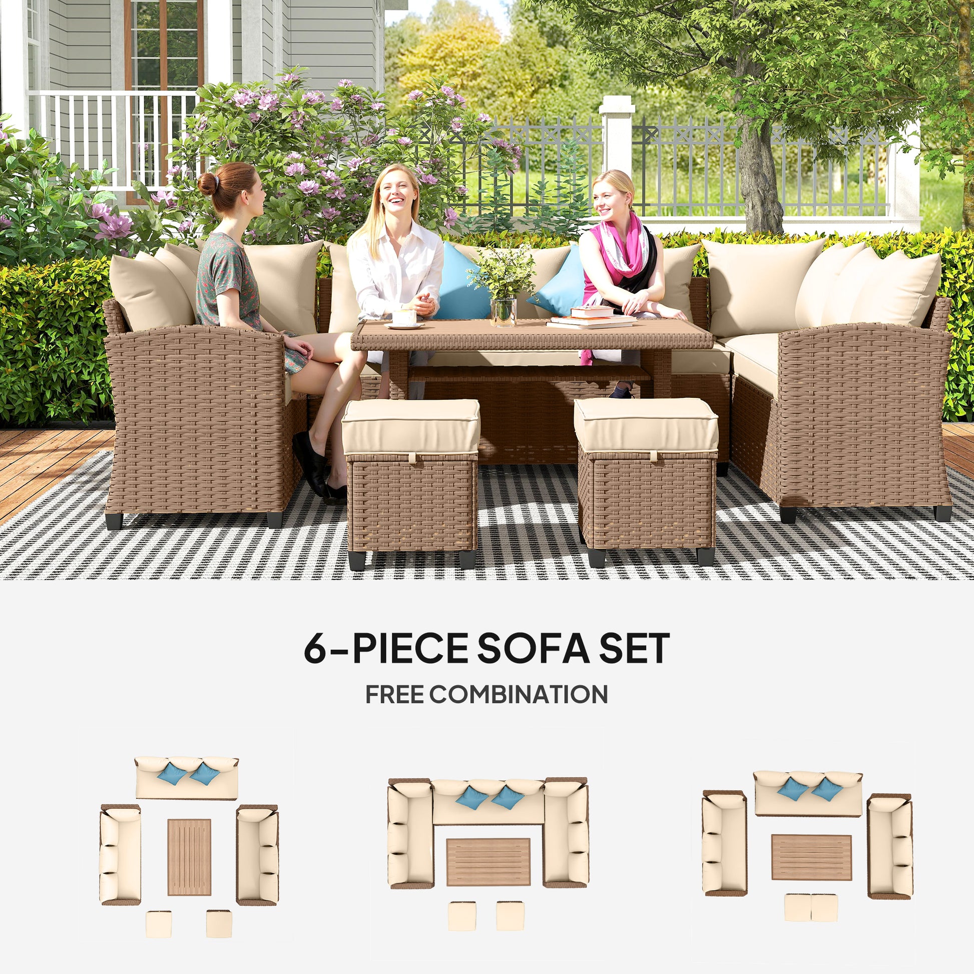 6 Pieces Patio Furniture Set, Outdoor Wicker Sofa Set, All Weather PE Rattan Conversation Furniture, with Strip Wood Grain Plastic Coffee Table & Cushions, Khaki