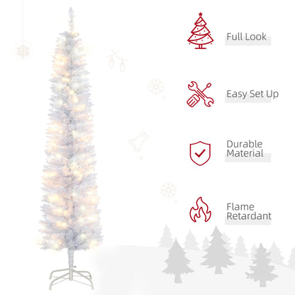 6ft Tall Prelit Pencil Artificial Christmas Tree, Holiday Décor with 395 Realistic Branches, 100 LED Lights, Foldable Metal Base, White