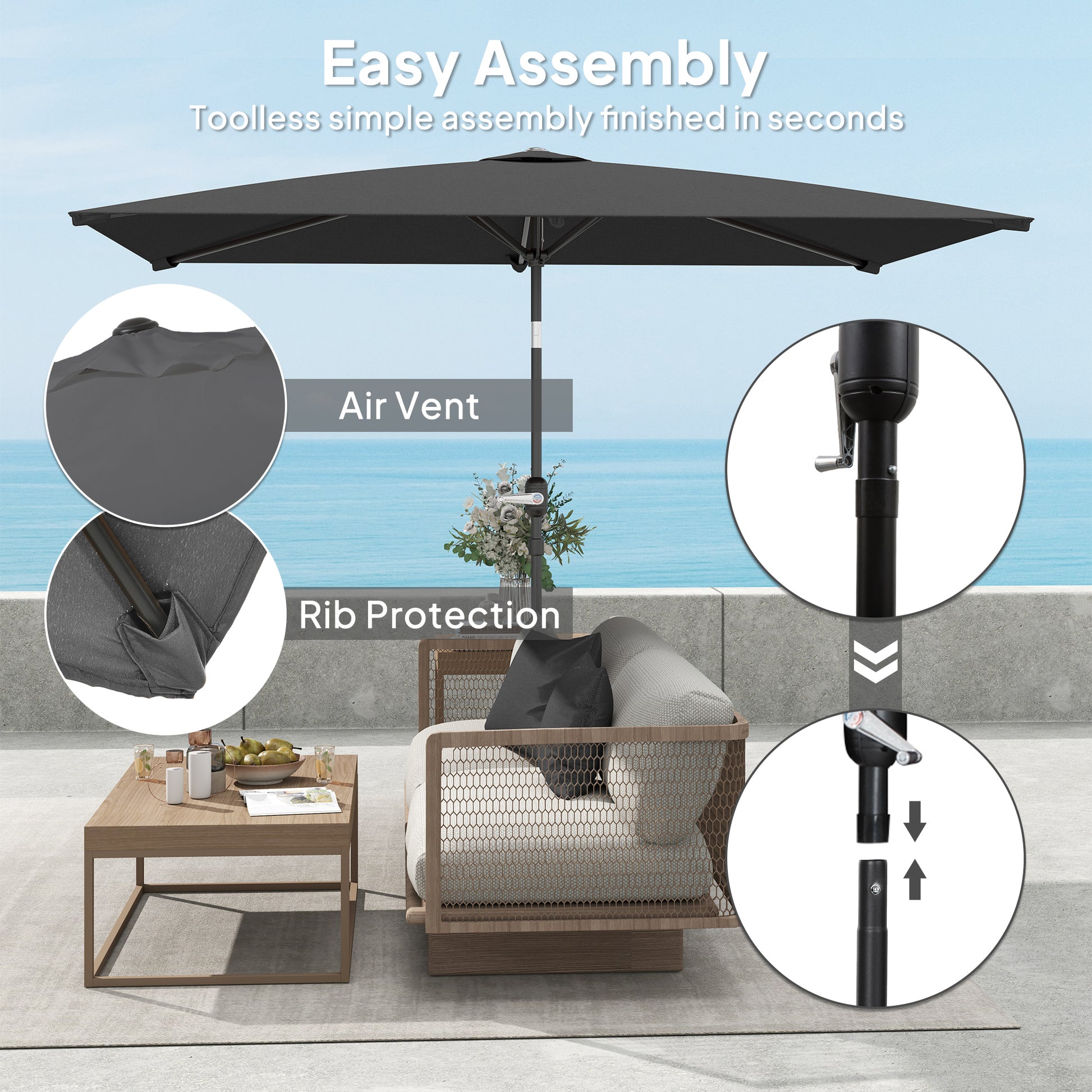 6.6x9.6ft Rectangle Aluminum Tilt Patio Umbrella, Garden Market Parasol, Outdoor Sunshade Canopy with Crank, Dark Grey