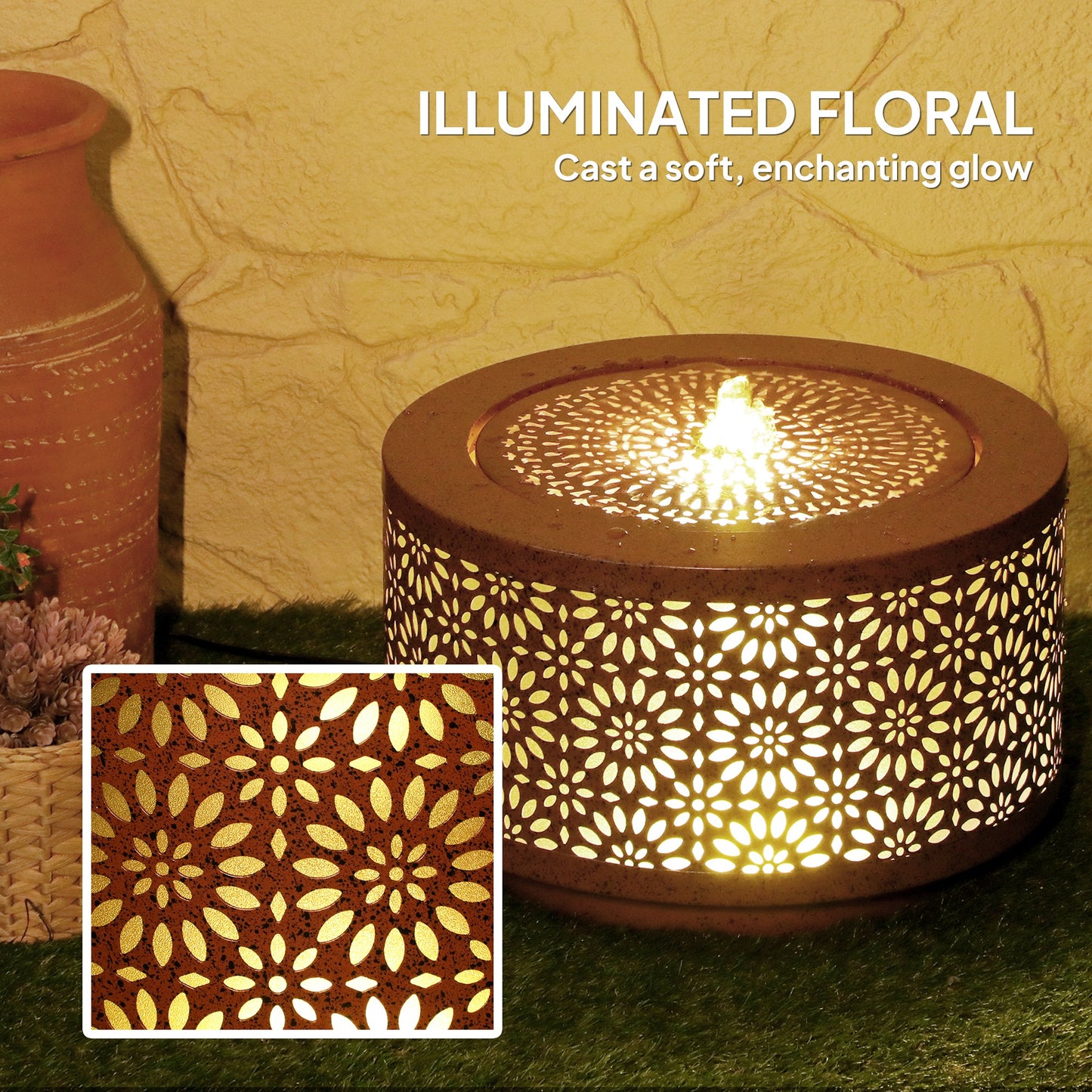 Outdoor Water Fountain with LED Lights, 10" Tall Garden Waterfall Fountain with Adjustable Flow, Brown