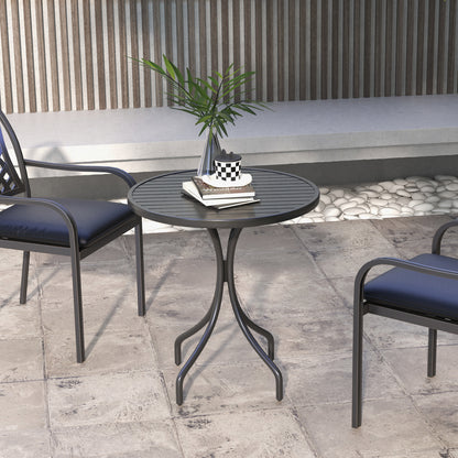 26" Round Patio Table, Outdoor Side Table with Steel Frame and Slat Tabletop for Garden, Balcony, Black