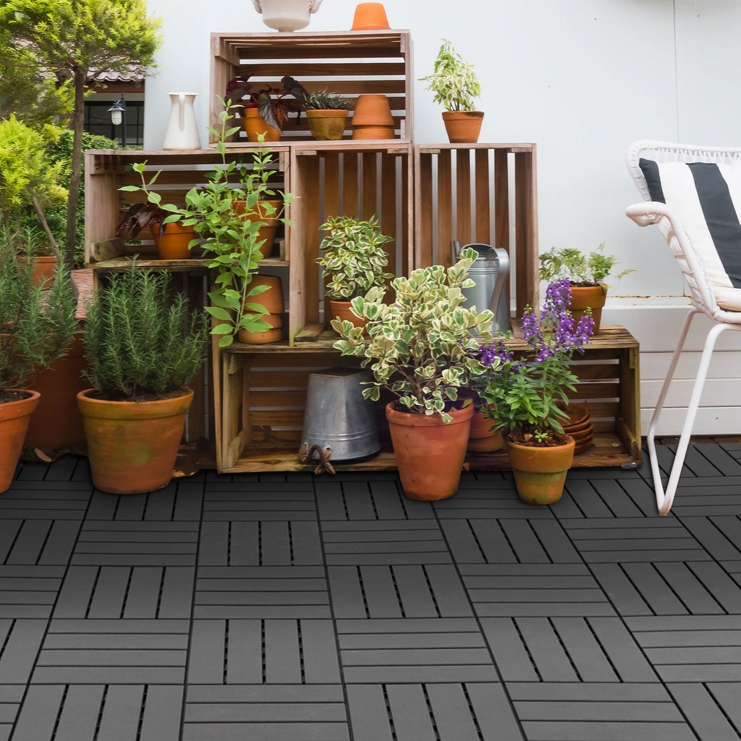 9 Pcs PP Interlocking Composite Deck Tile, 12" x 12" Outdoor Flooring Tiles for Indoor and Outdoor Use, Tools Free Assembly, Black