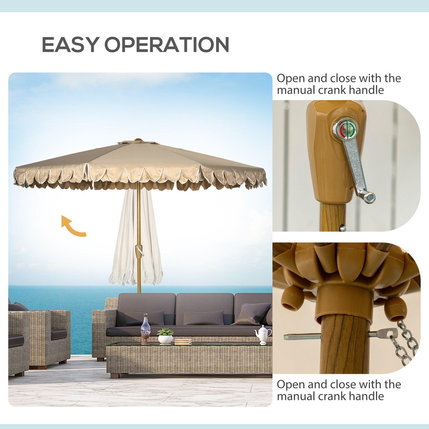 9 ft Patio Umbrella with Push Button Tilt and Crank, Double-ruffled Outdoor Market Table Umbrella Parasoll, Khaki