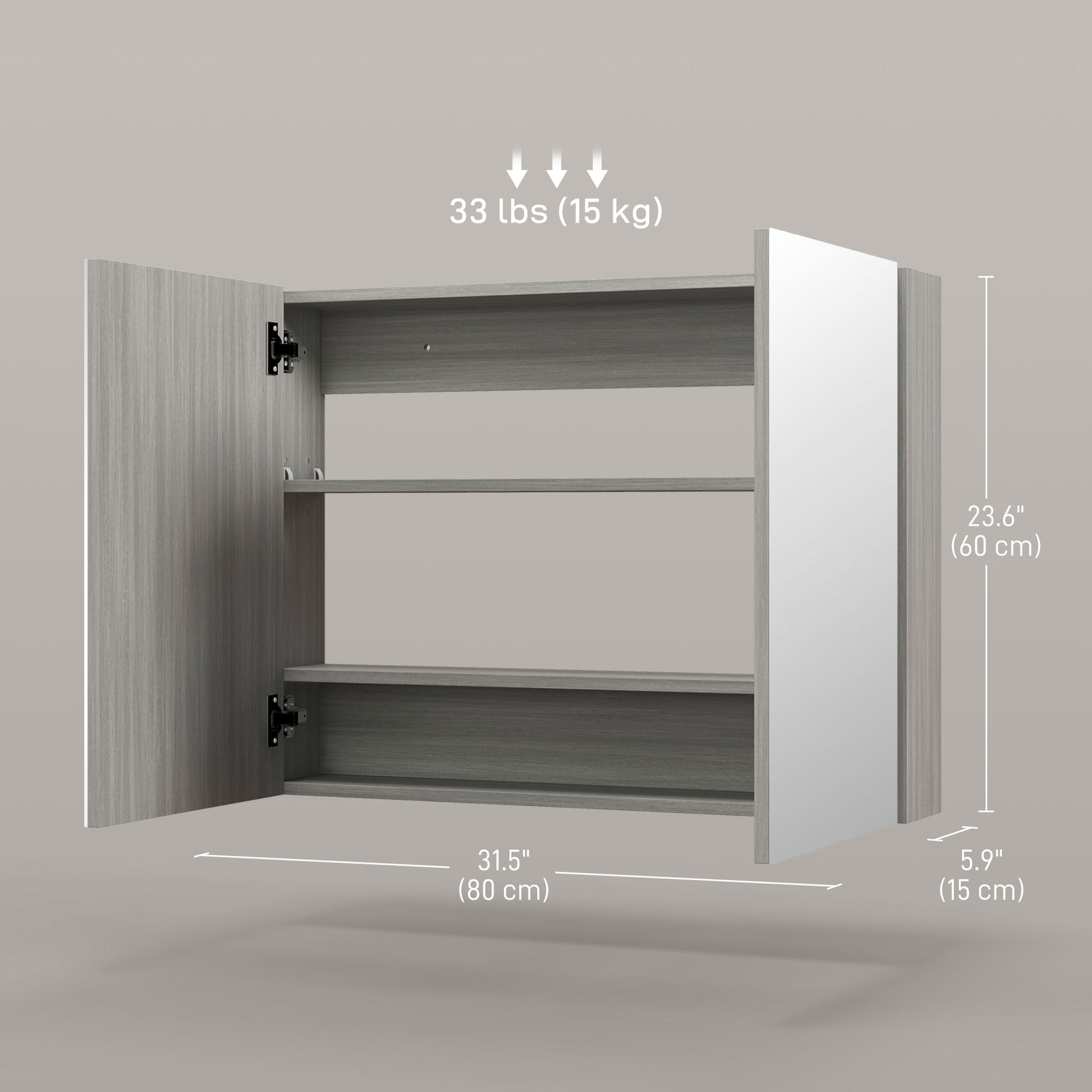 Bathroom Mirror Cabinet, Wall-Mounted Storage Organizer with Double Doors, Adjustable Shelf, Grey