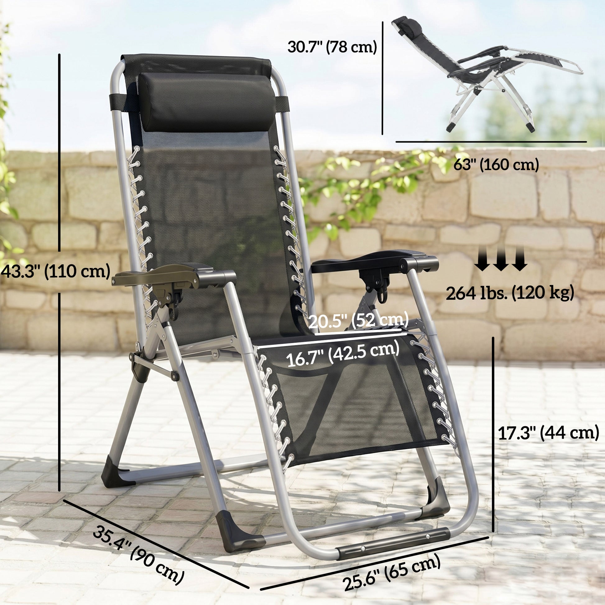 Reclining Zero Gravity Chair with Adjustable Backrest, Folding Garden Sun Lounger, Outdoor Recliner with Removable Cushion and Headrest, Dark Grey