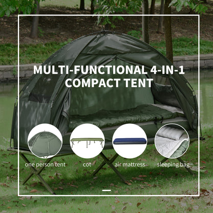 4-in-1 Camping Cot Tent, 1-Person Off-Ground Bed with Air Mattress, Sleeping Bag & Pillow, Elevated Camping Shelter for Adults