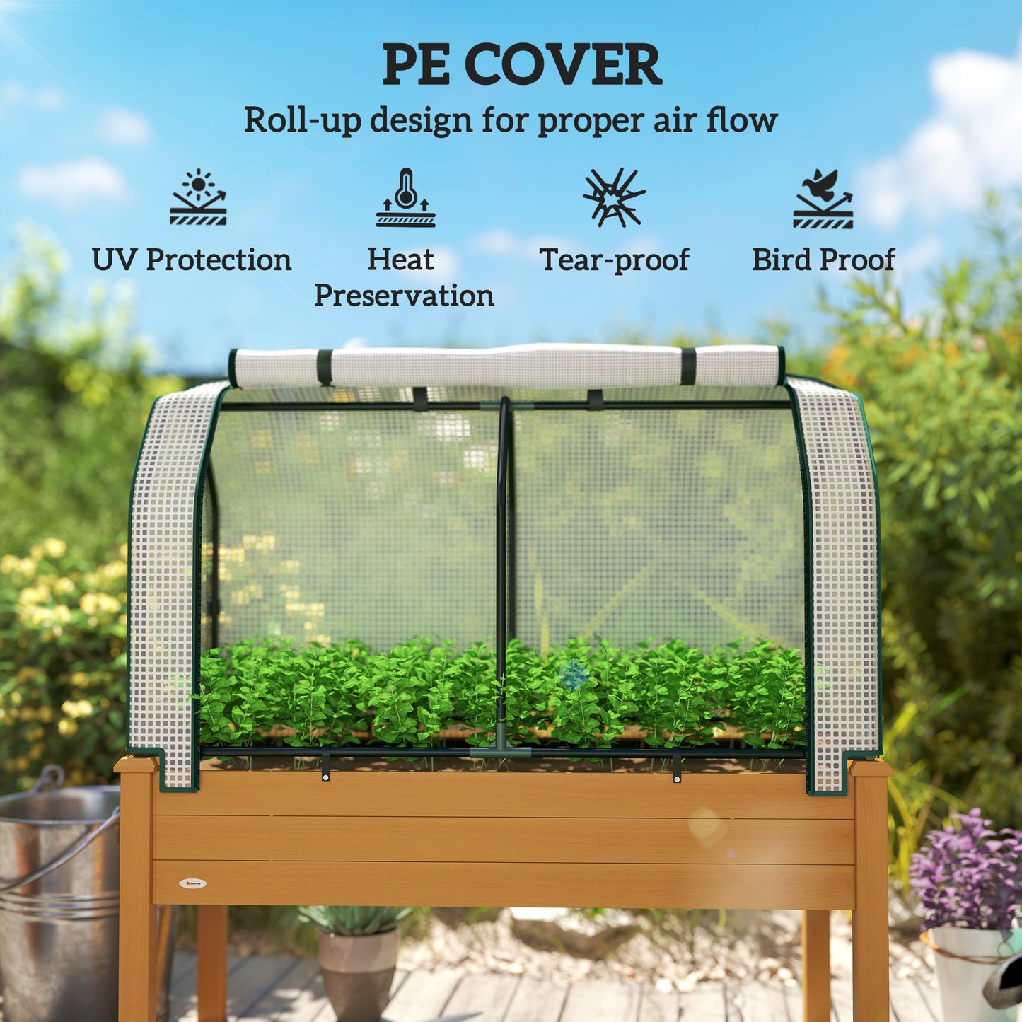 Raised Garden Bed with PE Greenhouse Cover Outdoor Elevated Wood Planter Box for Herbs and Vegetables Sand