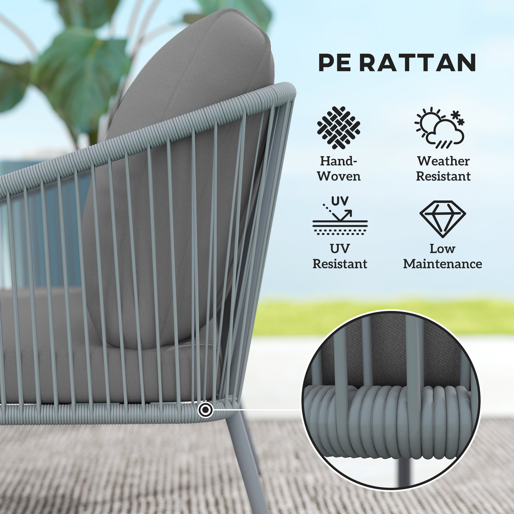 Garden Sofa with Cushions, 2-Seater Outdoor Balcony Rattan Sofa, 112 x 72 x 76 cm, Grey